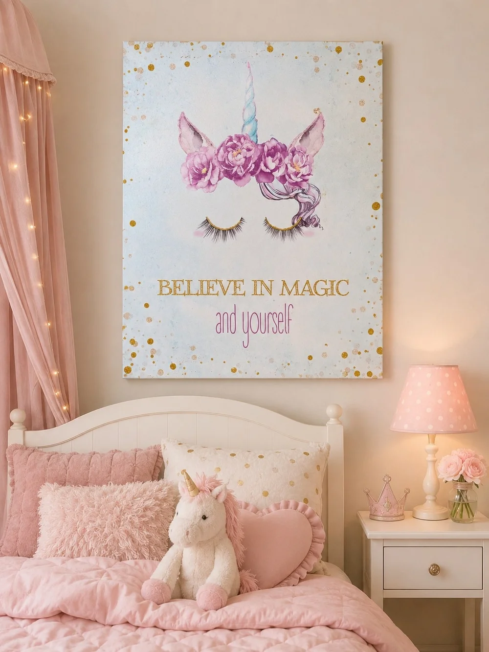 Believe in Magic Unicorn Wall Art - Pink and Gold
